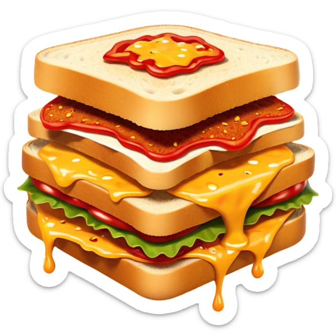 extra spicy sucuk sandwich object icon, crispy toasted bread, lots of spicy sucuk slices, dripping melted cheese, hot chili sauce, red pepper flakes, spicy steam effect, 3D cartoon, mobile game icon style, clean background, no text, no watermark
 sticker