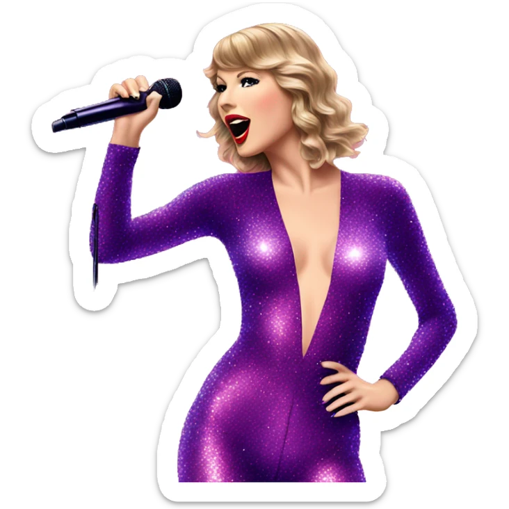 Taylor Swift wearing sparkly pink and purple bodysuit with microphone and red lipstick on stage sticker