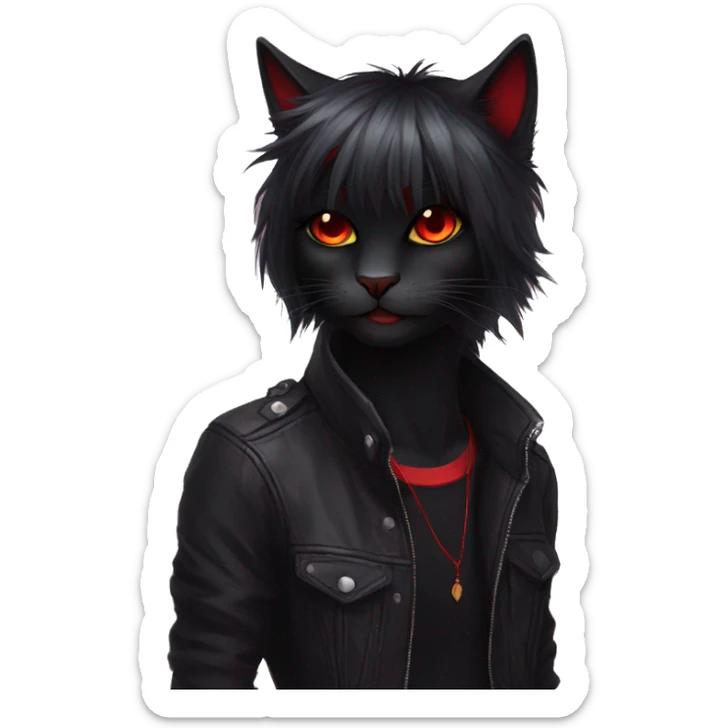 Anthro Edgy Cool Beautiful Black Cat-Fursona with Emo Hair-bangs with Red Streaks sticker