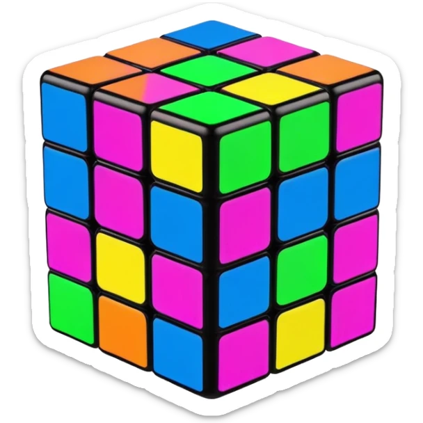 A 3x3 Rubik's Cube with fluorescent colors: glowing green, radiant pink, brilliant blue, luminous yellow, vivid orange, intense purple, minimalist iOS emoji style sticker