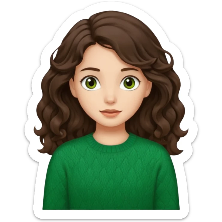 Una chica güera con pelo ondulado, café oscuro, largo, ojos cafés oscuros y con suéter o camisa verde sticker