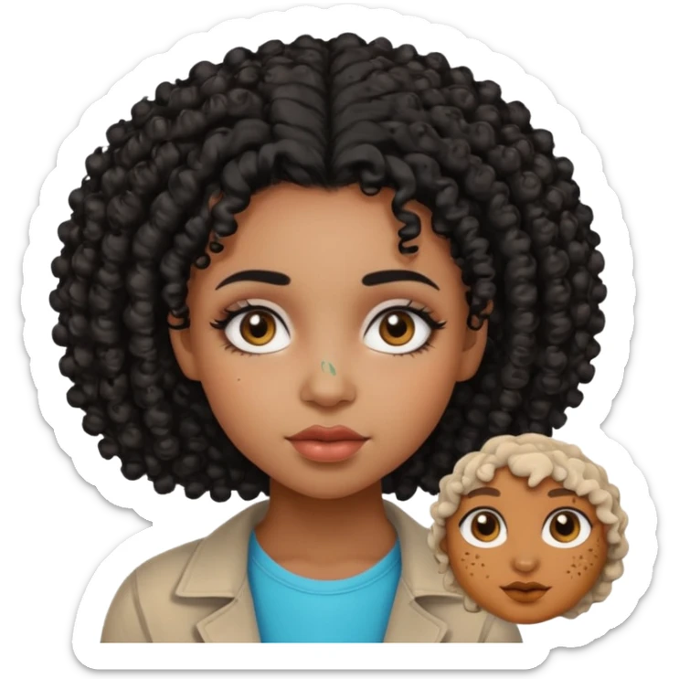 Fille de couleur de peau noir Avec des cheveux bouclés, des yeux de deux couleurs différentes, un petit nez, des lèvres pulpeuses un peu de blush sur les pommettes Highlighter sur le nez fossiles sticker