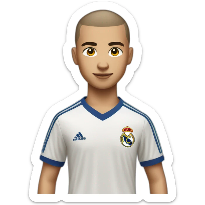 Young soccer player with a buzz cut hair with real madrid jersey, apple style sticker