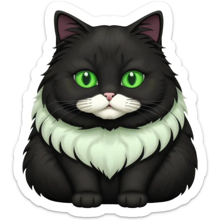 fat black long hair cat fluffy sitting with green eyes and white fur patch under face sticker