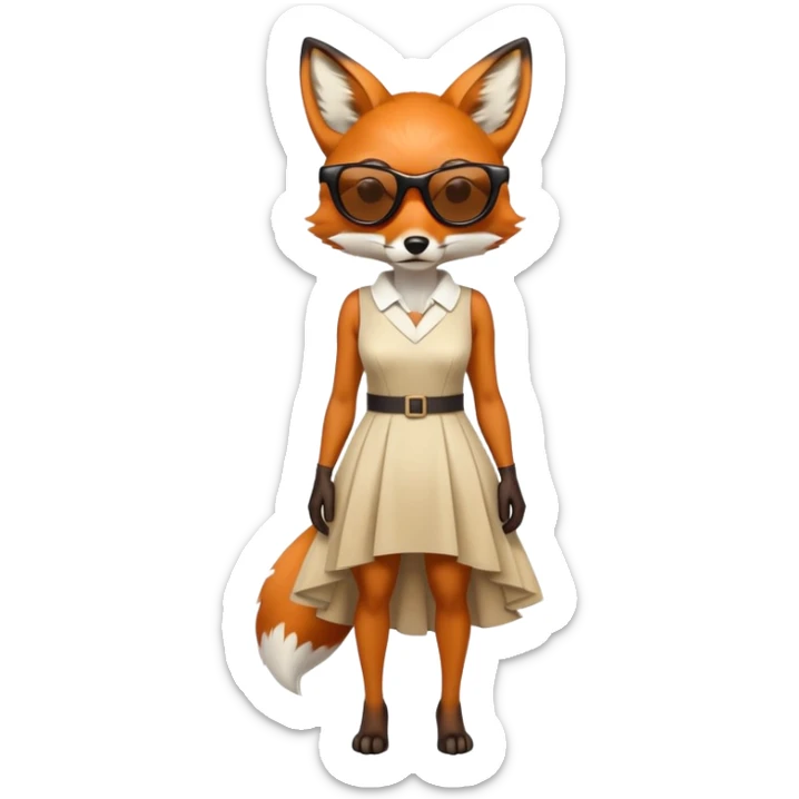 serious anthropomorphised female fox in stylish dress with sunglasses, full-body view sticker