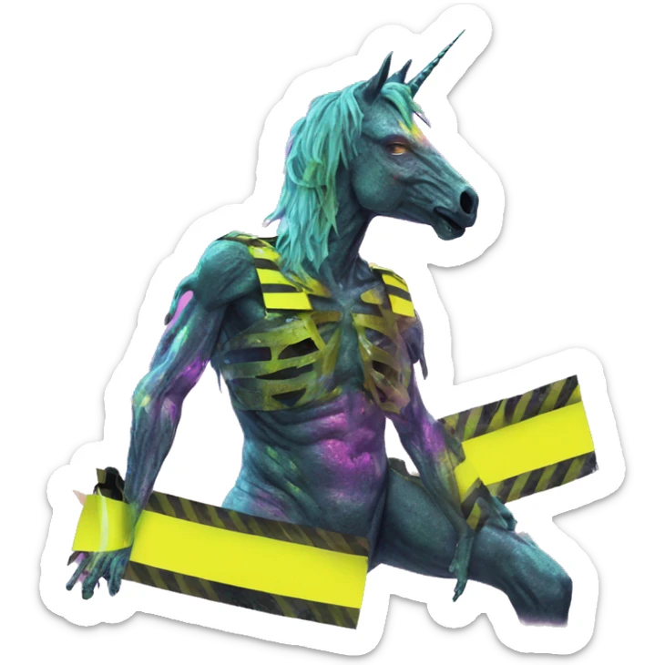.Zombie_ Vaporwave black holographic oilslick zombie unicorn yellow caution tape sticker