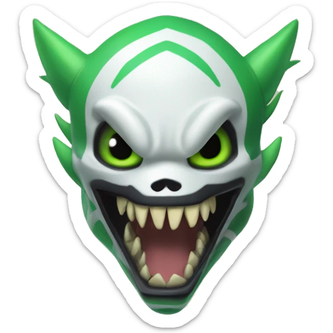 Digimon-Fakémon, horns, black body, green mane, anthro, furry, shark, skull face, skull mask, green stripes, tufted tail,  sticker