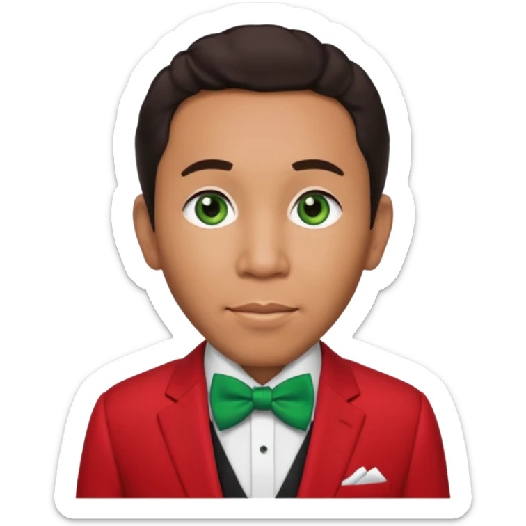 Smokey Robinson with dark brown hair, red suit with bow tie, green eyes sticker