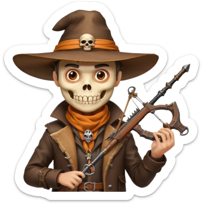 male human monster hunter emoji, wearing brown leather coat and wide hat, holding crossbow or rifle, with amulet shaped like skull, Halloween fantasy theme, confident smile, orange scarf, Apple emoji style, clean white background, square image sticker