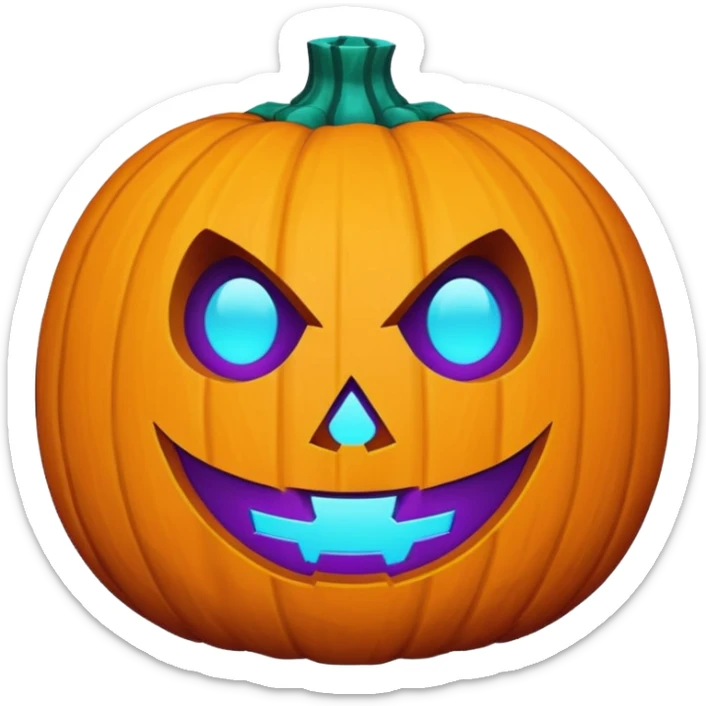 futuristic glowing jack-o-lantern emoji face, only purple and cyan carved glow, dark background sticker