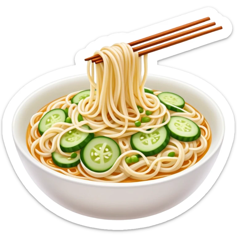 Liangpi Cold Skin Noodles with julienned cucumber and sesame sauce, simplified emoji style with bold outlines and bright colors, cartoon style Shaanxi cold appetizer sticker