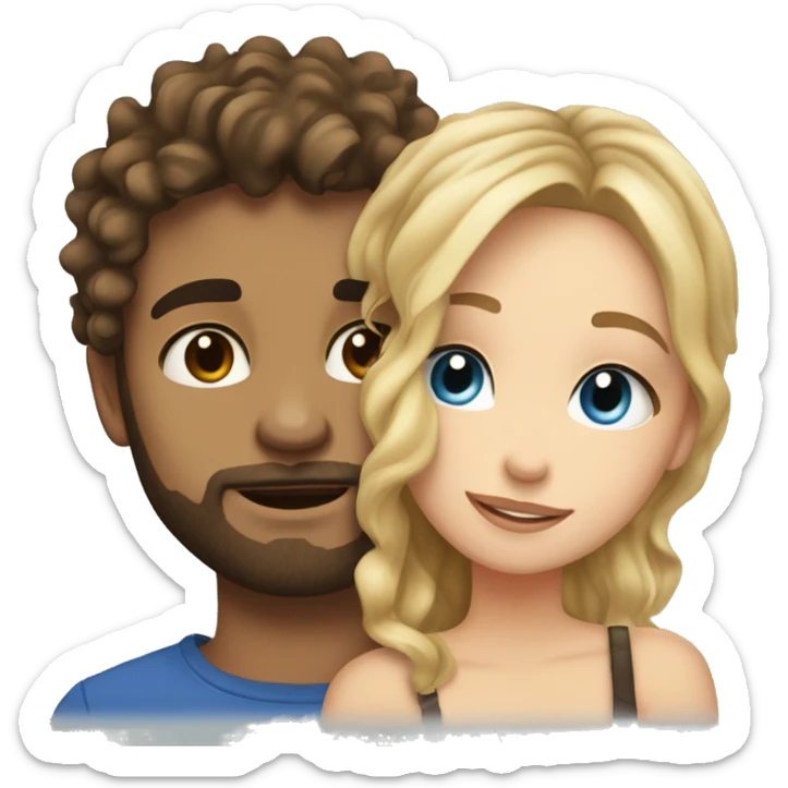Guy with scruff with brunette curly wavy hair and blue eyes kissing pretty blonde girl with layered hair and hazel eyes  sticker