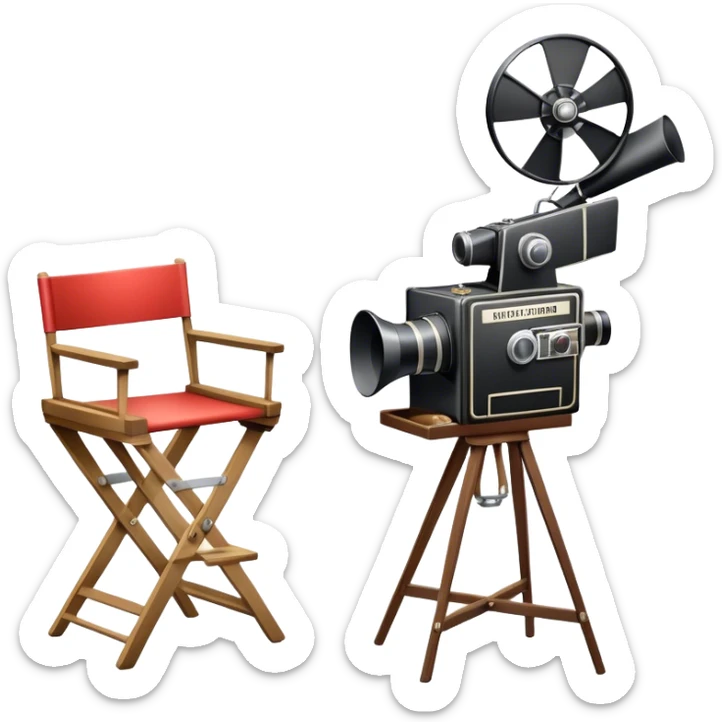 Icon for Directing: a director's chair, a film clapperboard, large movie camera, vintage megaphone and a stage with a spotlight. The icon should represent the creative and organizational aspects of directing, with focus on storytelling, staging, and performance. Transparent background. sticker