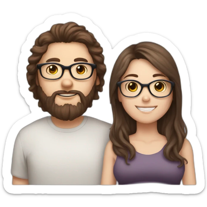 Pregnant girl with half long brown hair with glasses, a boy with long beard, glasses and short hair and english sheepdog sticker