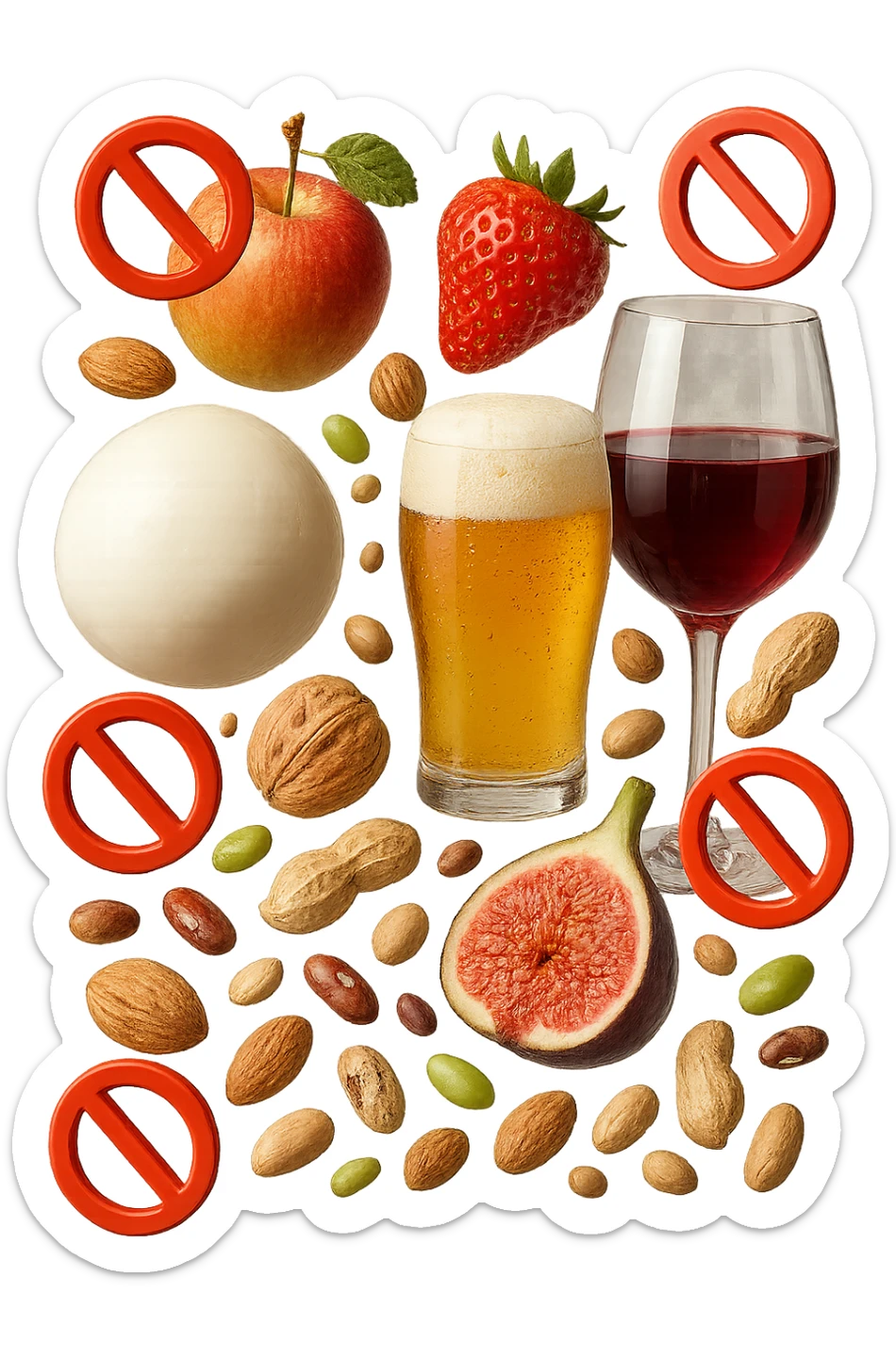 mozzarella, frutta legumi, frutta secca, birra e vino realistici fluttuano in aria con piccoli divieti 3d, IPERREALISTICO 4K sticker