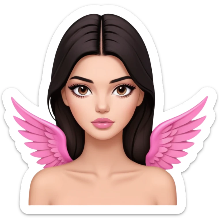 Kendall Jenner model, elongated face, long flowing dark hair, pink glossy lips, pink blush on cheeks, dramatic winged eyeliner, bare shoulders sticker