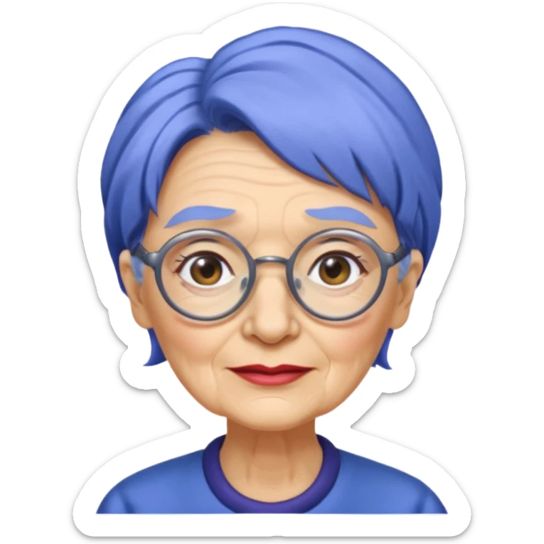 old lady with cobalt hair, wearing glasses, long face, side part 7/3  sticker