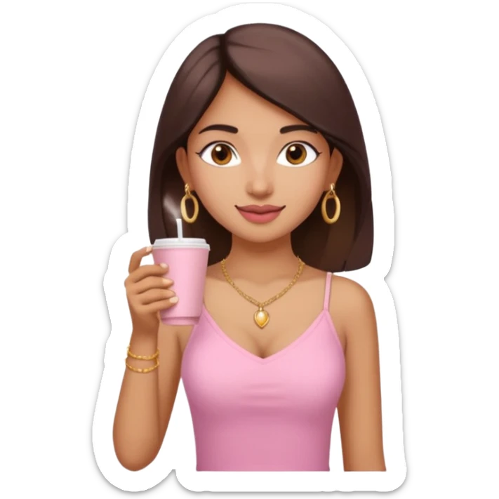 a pretty fair indian bratz girl with a pink cami top, drinking takeaway brown coffee, golden dainty necklace and carrying a white bag sticker