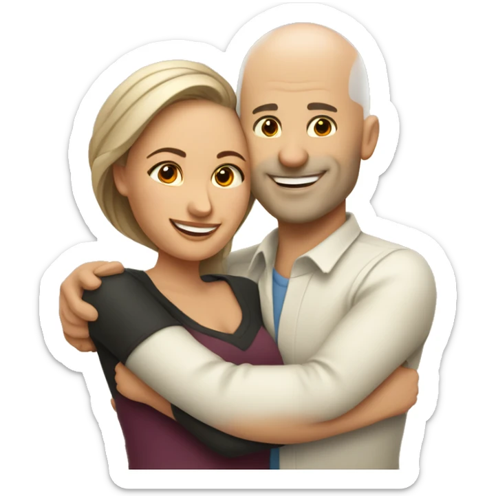 couple hug with warm smiles, white bald man, Mexican woman  sticker