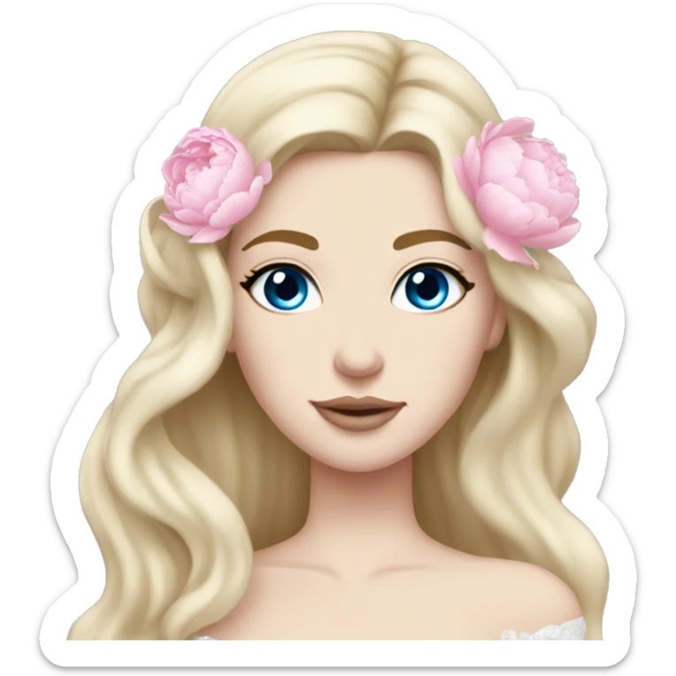White bride with long light blonde hair and blue eyes with light pink peonies in hair white skin light pink lips sticker