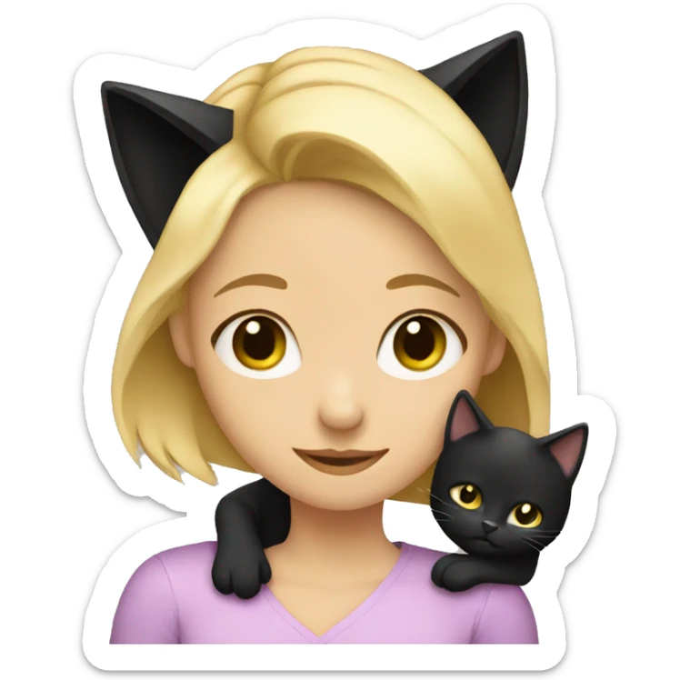 Blonde girl hugging black cat, which one ear a little smaller than another ear sticker