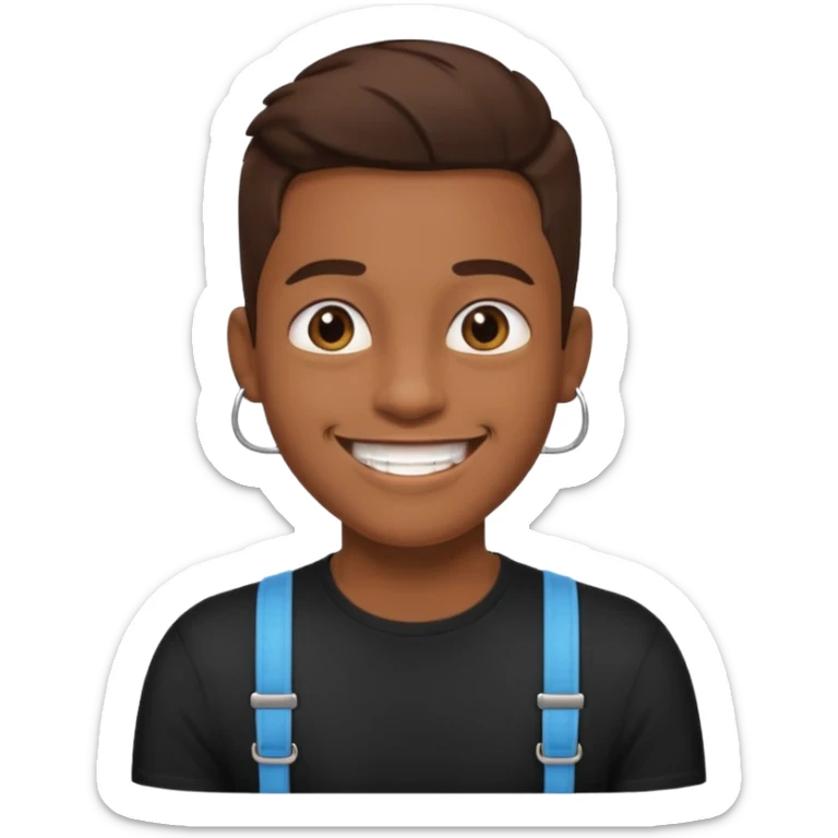 make this images have braces, no glasses,a black shirt, and brown skin sticker