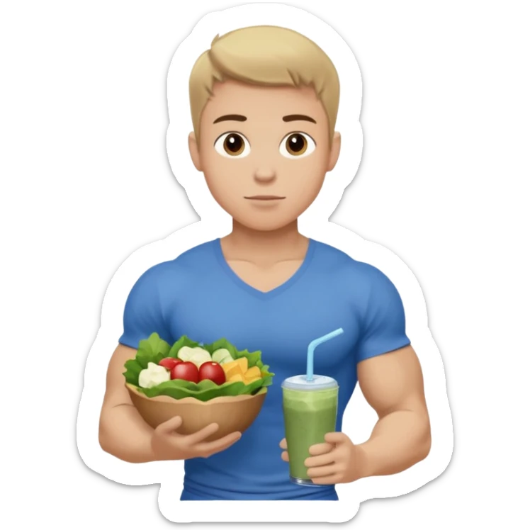 A young male person with a muscular, well-defined build. He has short dark blonde hair, a medium light skin tone, and a neutral facial expression. He wears blue cloth. He is holding a salad in one hand and a protein shake in the other. sticker