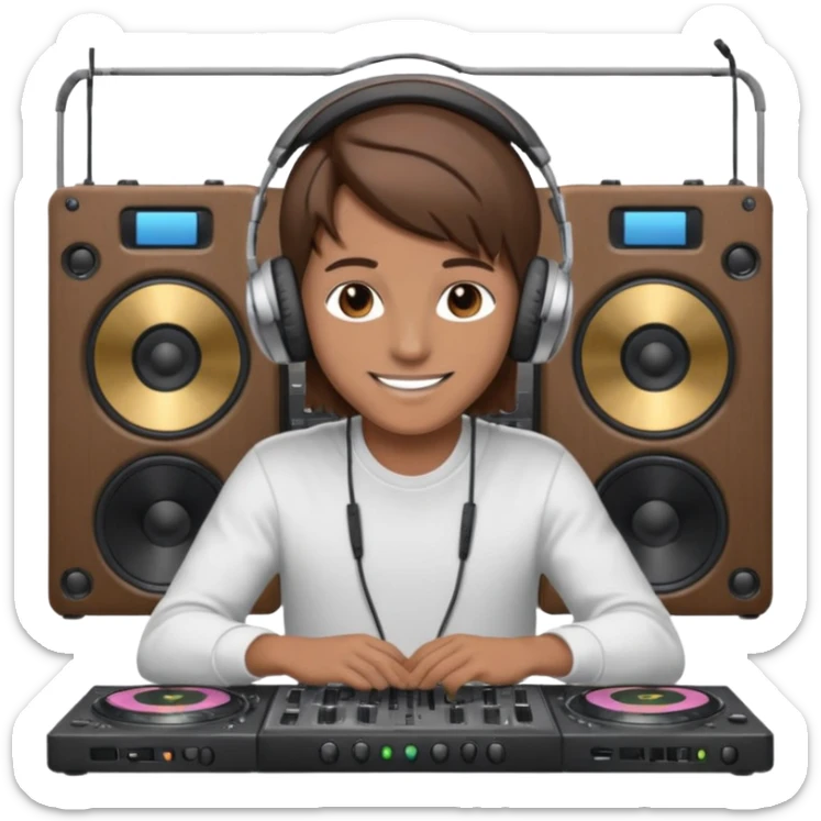 White dj mixing with dj booth, headphone on head, no cap, not bald, brown hair  sticker