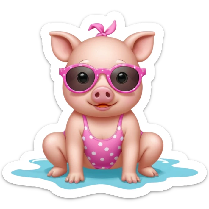 cute pig wearing  star-shaped sunglasses and polka dot bathing suit on all fours with nail polish sticker