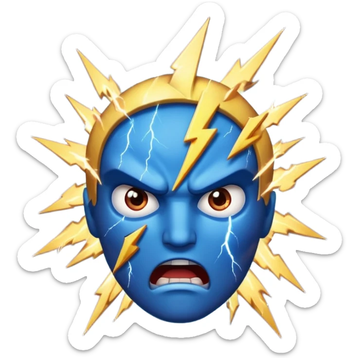 Rayos, centellas y estrellas en una cara color azul con expresiones de furia sticker