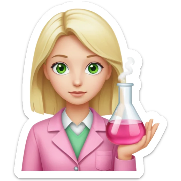 blonde girl with green-grey eyes, dressed in pink clothes, chemist sticker