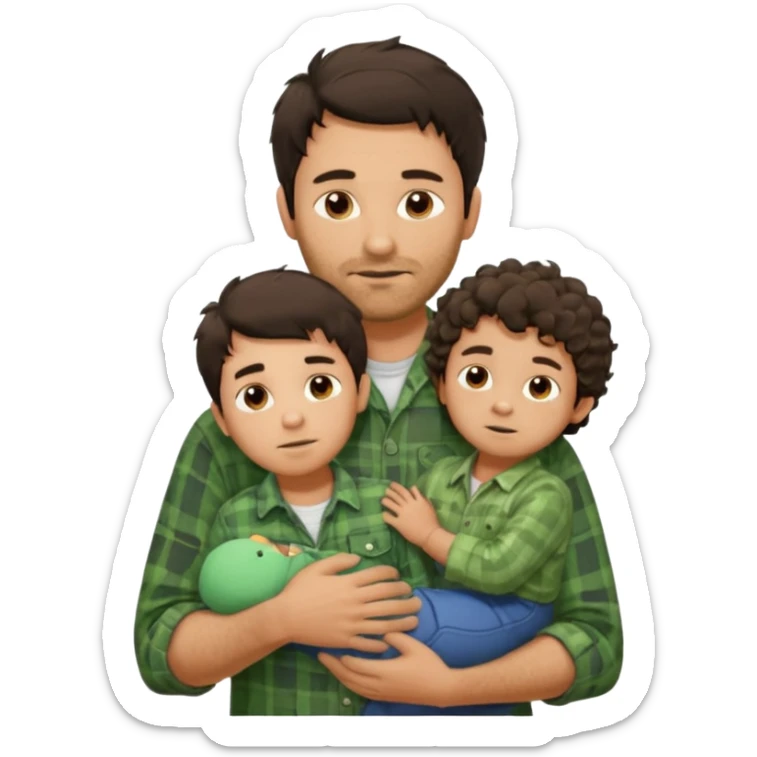 A father with messy medium-length dark hair and light stubble, wearing a green flannel shirt. He holds his one child who has short curly brown hair and a cream-colored romper. Cozy warm lighting, authentic family moment. sticker