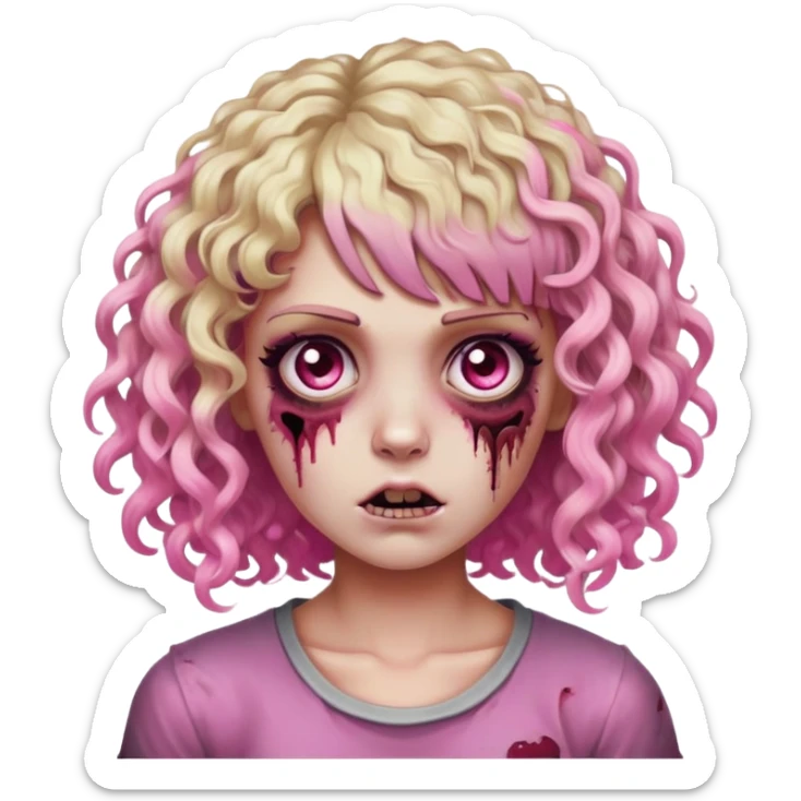 Zombie, Curly hair with bangs, half pink and the front part of the right side pink too, the back part blonde highlights, dark brown eyes  sticker