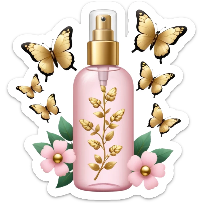 Light pink body mist bottle with gold butterflies and flowers   sticker