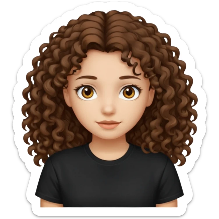 Brown eyes, long curly brown hair black t-shirt girl sticker