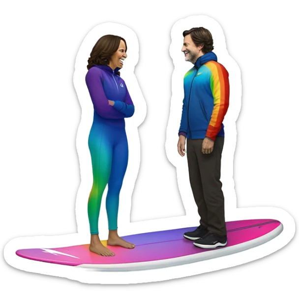 Kamala Harris wearing a rainbow “Nike Tech Fleece” on a surfboard in the snow with Justin Trudeau   sticker