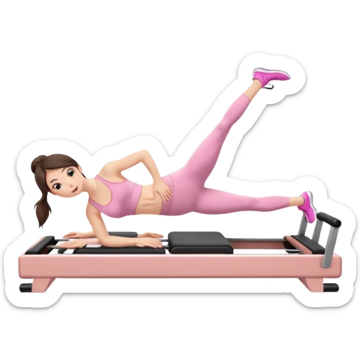white brunette girl in light pink workout clothes doing a plank on a reformer sticker