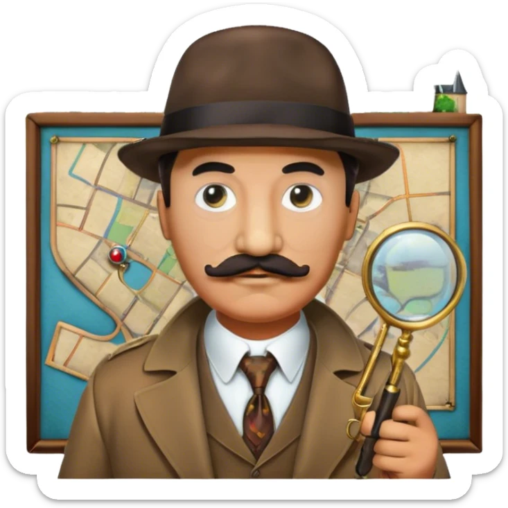 A colorful collage featuring Detective Poirot Detective Poirot with a long curling moustache, with a magnifying glass, revolver and a mysterious city backdrop. Include a board with photos of suspects, fingerprints, and a crime scene. Retro movie poster style. Transparent background. sticker
