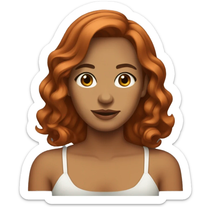 woman with medium tan skin, copper red hair that is medium length and curled on the bottom with curtain bangs. Brown/Hazel eyes. sticker