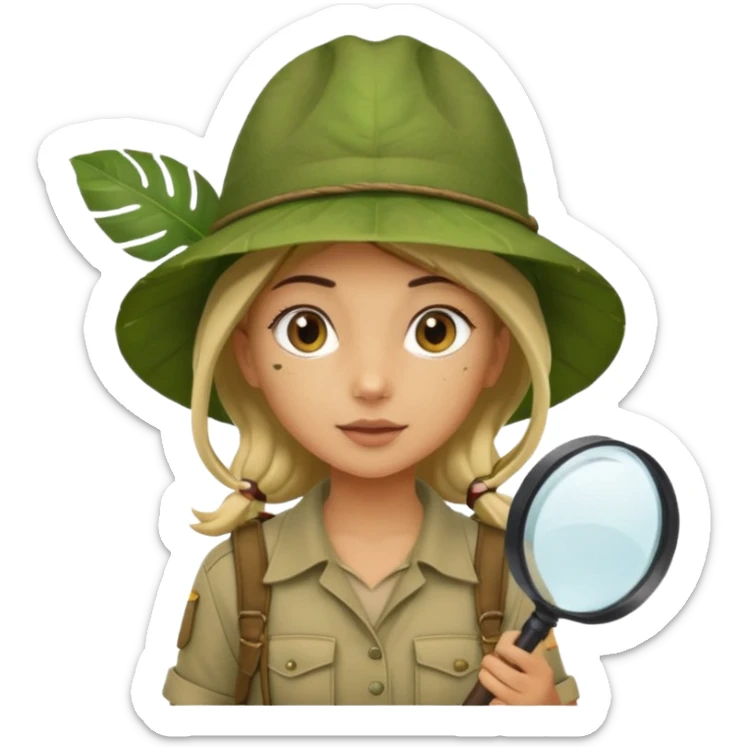 a young female explorer with jungle wearing a large leaf headgear bye and magnificer glass sticker