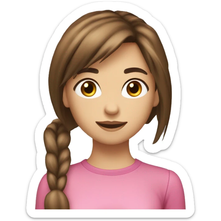 Fit girl medium hight brown eyes brown hair with bangs and a pony tail slim face ad long chin  sticker