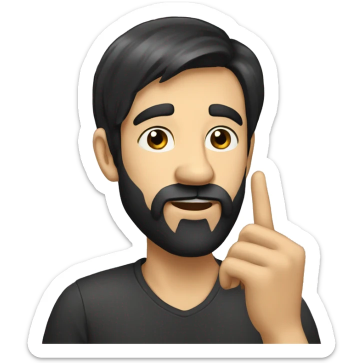 a bearded man with shaved black hair, who shushes with his finger to his mouth sticker