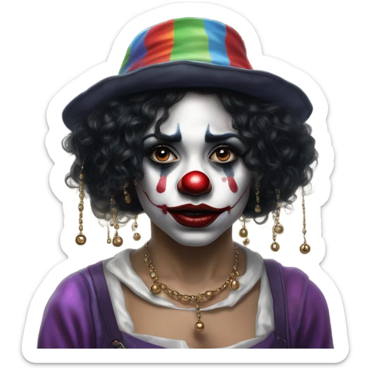 Hyper realism realistic Sad clown girl with clown face paint wearing cap n bells cockcomb jester hat with bells and with long straight black hair exaggerated expression on her face  sticker