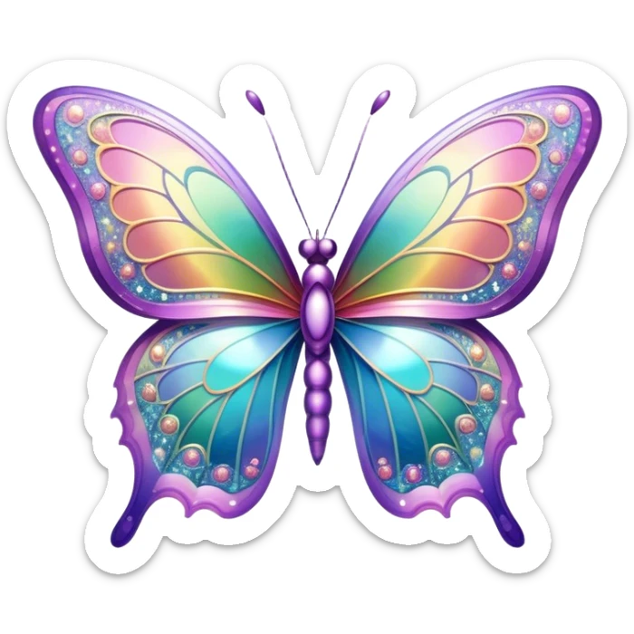 Pastel sparkly glittery iridescent rainbow transparent butterfly with detailed intricate patterns sticker
