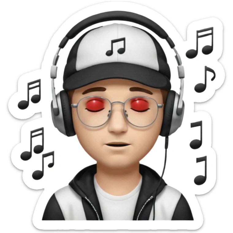 dj man white with baseball cap - rayban glasses - brown hair - closed eyes with headphones on with musical note over head (listening to music ) - eyes closed no glasses - black hat  musical notes floating around head sticker