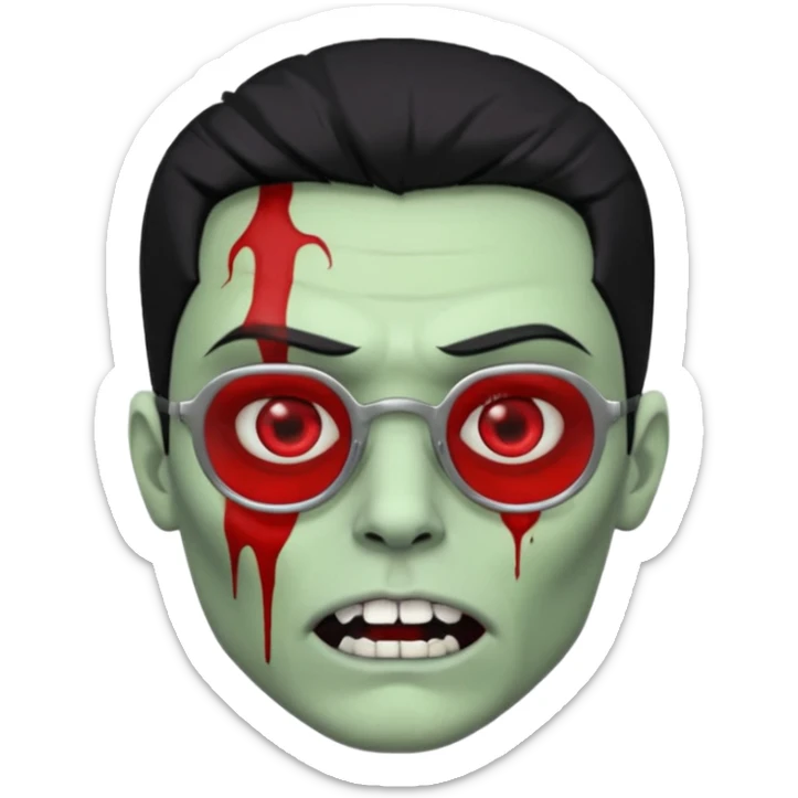 homem zumbi de óculos cabelo preto com muita olheira deixar pele dele verde dentes brancos e olhos vermelhos e ensanguentados deixar óculos quadrado e preto e olhos cheio de veias vermelhas piercing em todo rosto piercing prata colocar risco nas duas sobrancelhas e colocar lábios em sua boca sticker