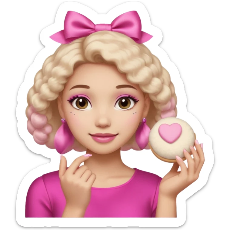 female face, light skin tone, small simple closed smile. One hand visible holding a round fluffy pink makeup powder puff pressed to the cheek; the puff has a small satin bow. sticker