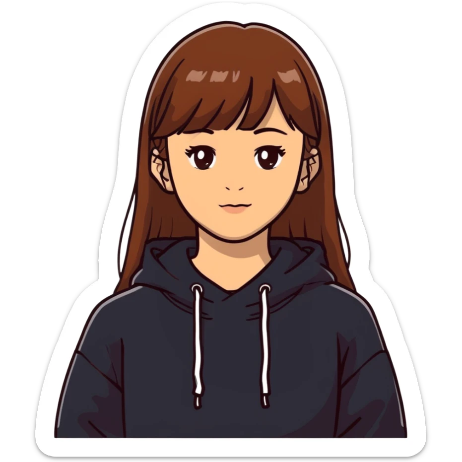 Light skinned girl with brown eyes, long brown hair with bangs, wearing a black sweatshirt sticker