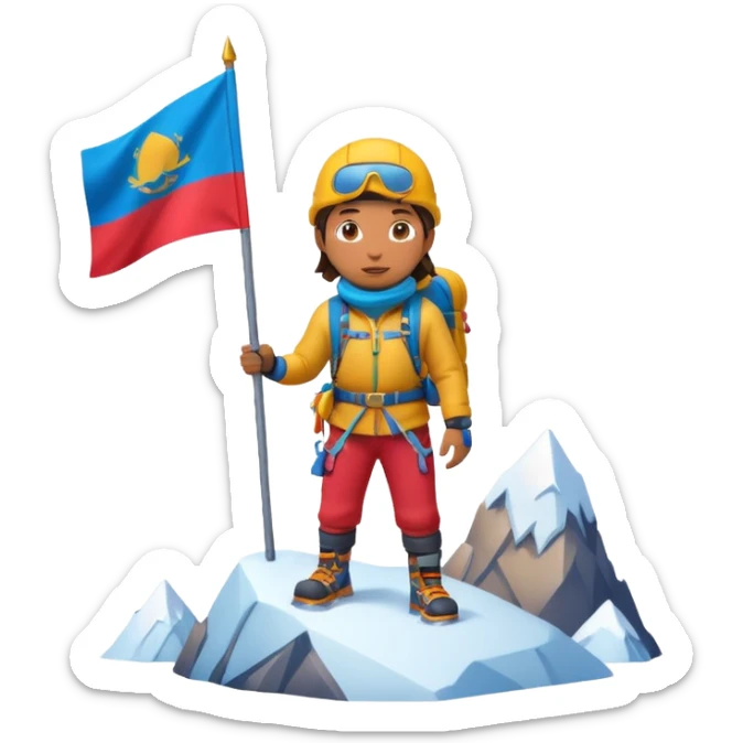 A 3D cartoon mountaineer standing on a snowy Everest-like summit with a flag, wearing colorful climbing gear, soft lighting, Memoji-style. sticker