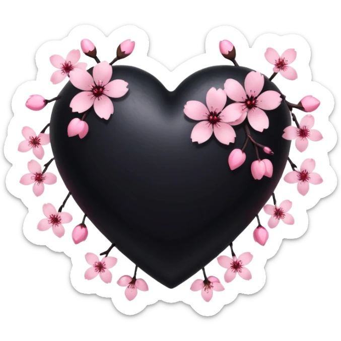goth sakura heart, black heart with pink cherry blossom petals, cute and dramatic sticker